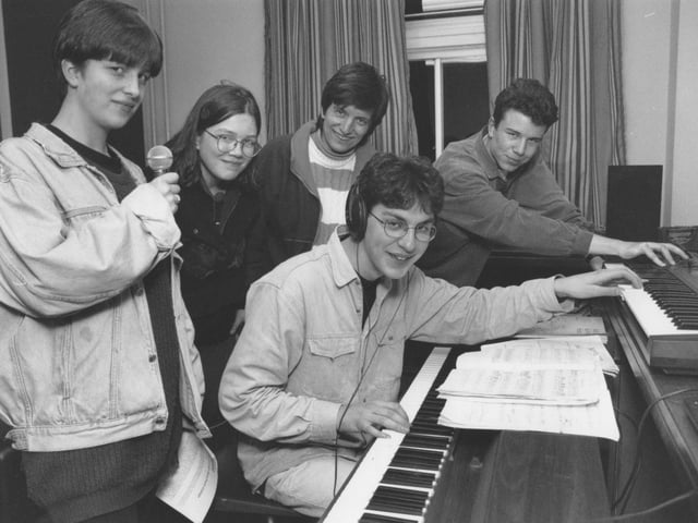 The Scarborough Sixth Form College open day proved a huge success in January, 1995. Pictured visiting the Music Room are, left to right, Nicola Cunningham, her friend Tanith Ibbotson, Nicola's mother Julia Cunningham, and music students Michael Melling and, right, Maynard Case.