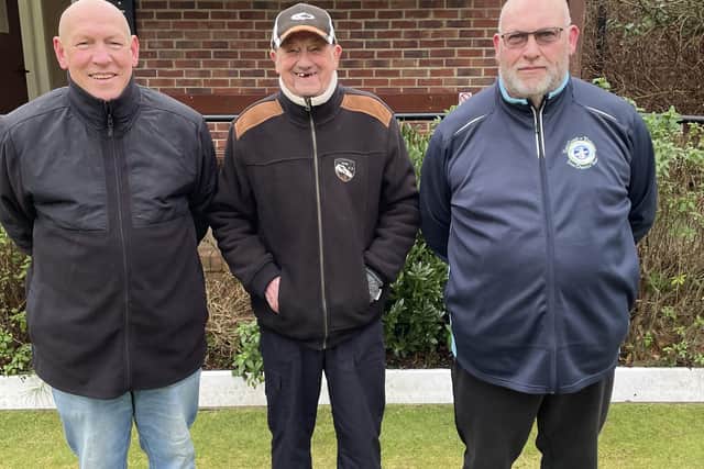 From left, runner-up Andy Webb, Borough BC president Peter Hodgson and winter merit winner Kevin Gates.