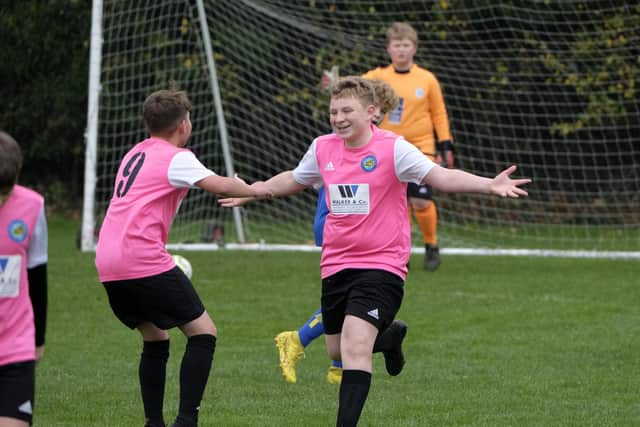 Ayton Under-13s celebrate a goal in their home match against Eastfield PHOTOS BY RICHARD PONTER