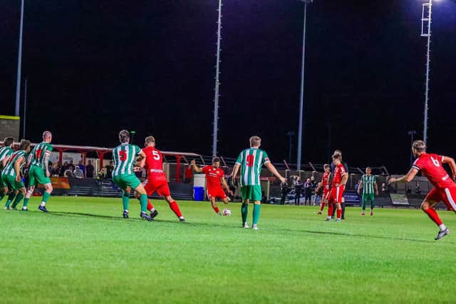 Brid Town's Ahmed Salam hits a free-kick in the dying seconds v Blyth. Photo by EC Media