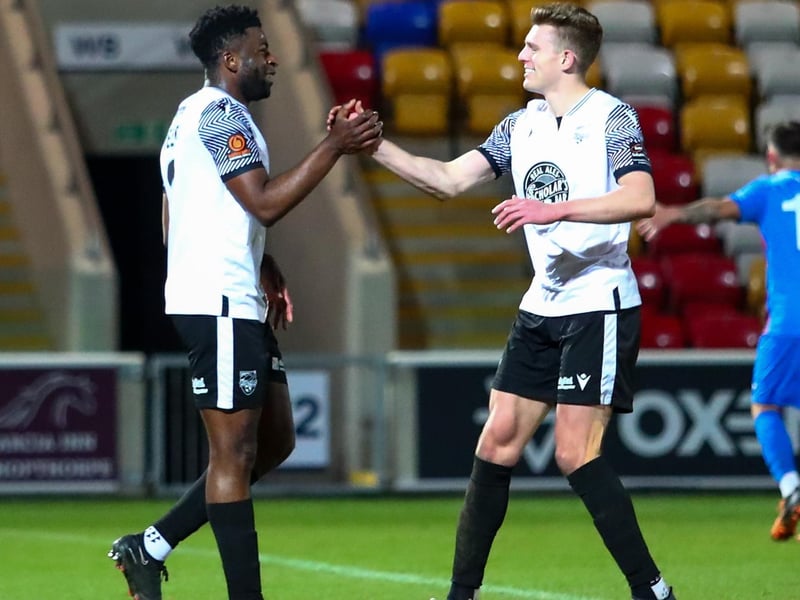 Kieran Weledji, left, is congratulated on his goal to put Boro 4-1 up by teammate Jake Charles, who scored the second goal in superb fashion.