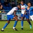 Malik Dijksteel in action for Whitby Town during their defeat on the road at Guiseley in the FA Trophy PHOTOS BY BRIAN MURFIELD