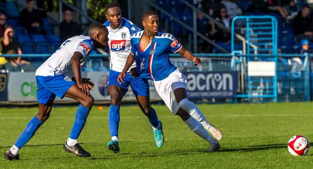 Malik Dijksteel in action for Whitby Town during their defeat on the road at Guiseley in the FA Trophy PHOTOS BY BRIAN MURFIELD