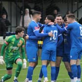 Nathan Thomas is congratulated for netting Whitby Town's opener in the 2-0 win on the road at Bamber Bridge. Photos by Owen Cox