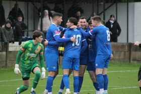 Nathan Thomas is congratulated for netting Whitby Town's opener in the 2-0 win on the road at Bamber Bridge. Photos by Owen Cox