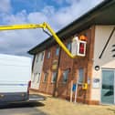 Six swift boxes and a solar powered bird call system installed high on the Green Lane Centre, Whitby.