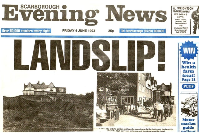 The Scarborough Evening News front page on June 4, 1993 - the night before a larger landslide carried the hotel away.