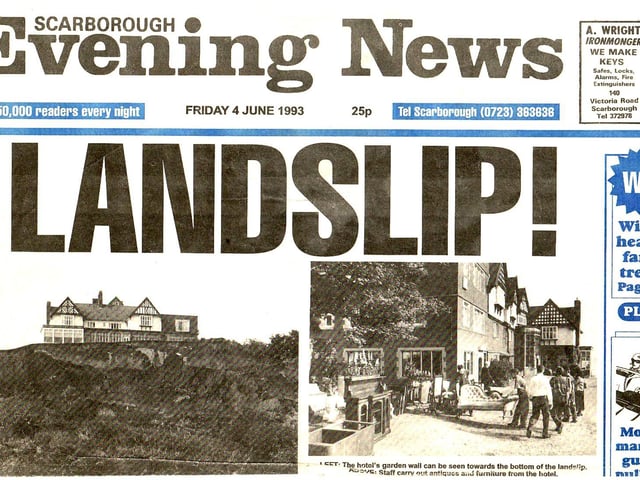 The Scarborough Evening News front page on June 4, 1993 - the night before a larger landslide carried the hotel away.
