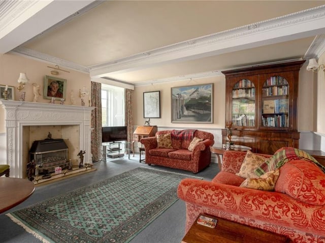 One of several large reception rooms, with a striking feature fireplace.