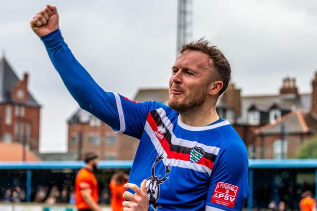 Mitch Curry celebrates his goal as Whitby Town confirmed their NPL Premier Division status with a 1-0 home win against Blyth. Photo by Brian Murfield