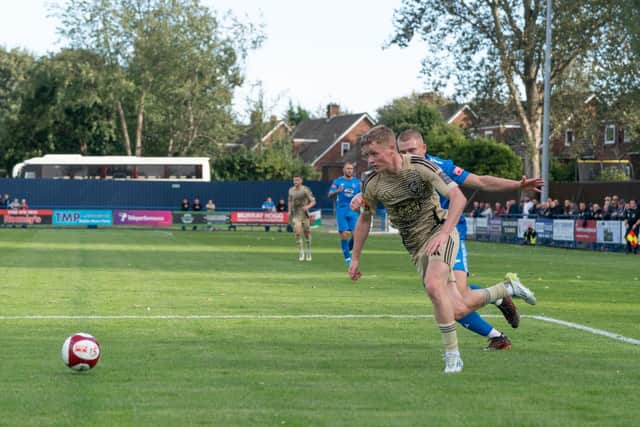 Harry Green on the attack for Scarborough Athletic as they drew 1-1 at Dunston in the FA Cup on Saturday. PHOTOS VBY WANDERING PHOTOGRAPHY