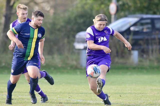 Bridlington Spa fire at the Market Weighton Town goal.