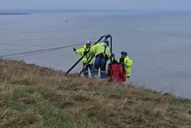 A rope rescue system was quickly put in place - Image: Staithes Coastguard