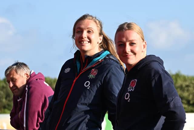 Steph Else, right, with England captain Zoe Aldcroft on a recent visit to Scarborough RUFC.