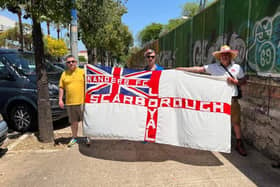 Jimmy Kerr, Rob Jesse and Paul Noon of the Royals, the Scarborough Rangers' supporters club, pictured in Seville for the 'Gers Europa League final.
picture submitted by Rob Jesse.