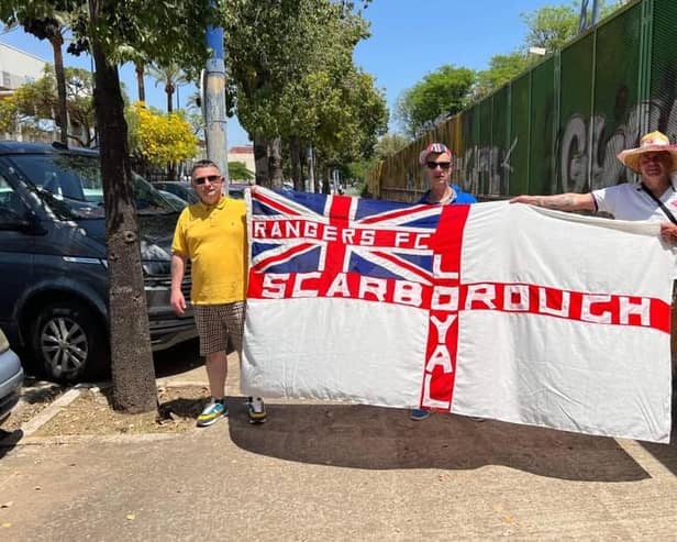 Jimmy Kerr, Rob Jesse and Paul Noon of the Royals, the Scarborough Rangers' supporters club, pictured in Seville for the 'Gers Europa League final.
picture submitted by Rob Jesse.