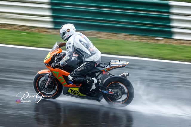 Paul Moir battles his way through the torrential rain at Cadwell Park. PHOTO BY DAVID GARRISON