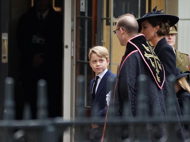 Prince George of Wales and Catherine, Princess of Wales arrive for the state funeral and burial of Queen Elizabeth II at Westminster Abbey. (Photo by James Manning- WPA Pool/Getty Images)