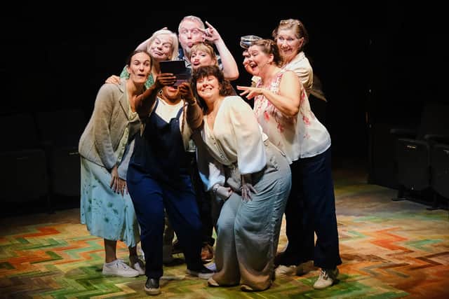 In Calendar Girls The Musical are, clockwise from left, Annie Kirkman, Fenella Norman, Matt Ian Kelly, Pippa Duffy, Sarah Groarke, Karen Holmes, Christine Meehan and Alicia McKenzie (credit: Tony Bartholomew)