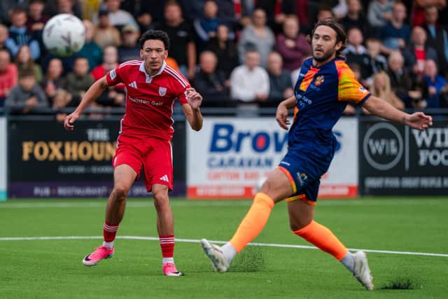 Rio Allan opened the scoring with a superb strike against Spennymoor, Photo by Wandering Photography