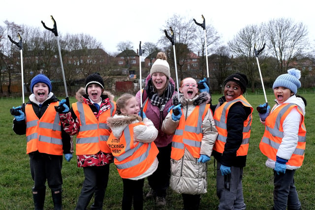 Pupils ready for litter picking action with Mrs Connor.