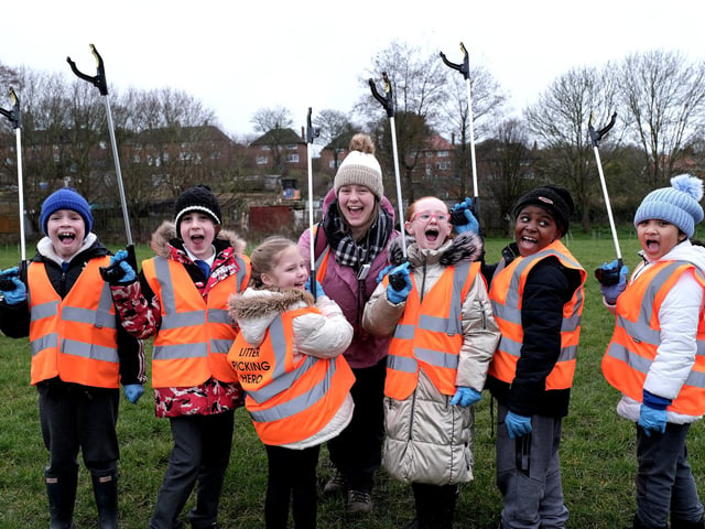 Pupils ready for litter picking action with Mrs Connor.