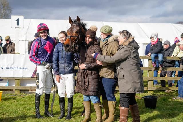 Kingofthefrontier and jockey Joe Wright won the Tattersalls Cheltenham GB Pointing Bonus Young Horse Maiden at Charm Park. Photo by Tom Milburn Photography