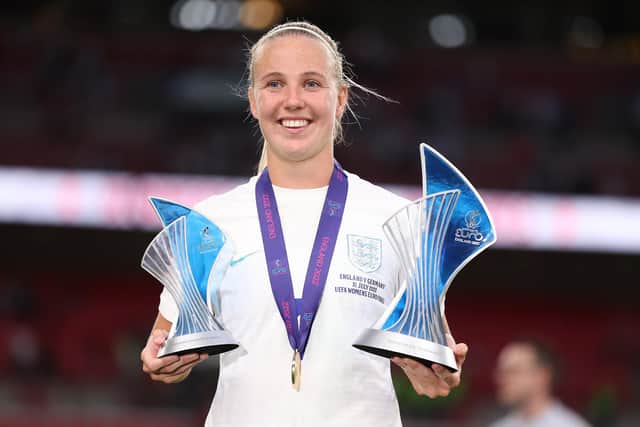 Beth Mead of England was presented with the top goalscorer and player of the tournament awards at UEFA Women's Euro 2022, which the Lionesses won after beating Germany in the final at Wembley (Photo by Naomi Baker/Getty Images)