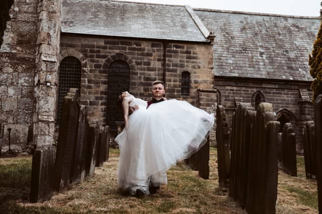 Happy couple Katie and Lewis on their big day at Danby Castle.