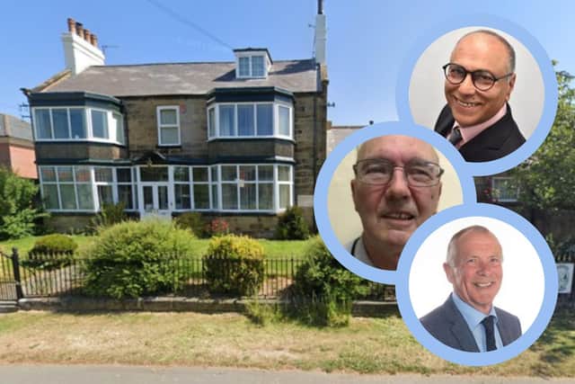 Pictured: Newby and Scalby Town Council (from Google maps) and inset, from top: Coun Subash Sharma, Coun Richard Thompson and Derek Bastiman.