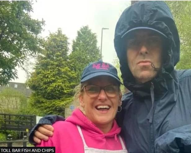 Liam Gallagher has visited Toll Bar Fish and Chips in the village of Stoney Middleton in Derbyshire.