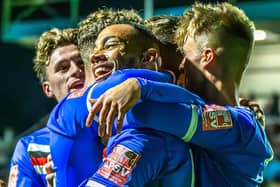 Junior Mondal celebrates scoring against Chelmsford in the FA Cup. PHOTO BY BRIAN MURFIELD