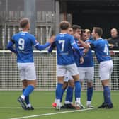 Whitby Town celebrate one of their four goals in the thrilling win at Basford. Photo by Owen Cox