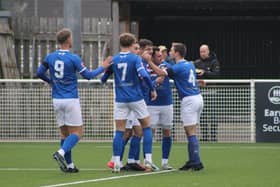 Whitby Town celebrate one of their four goals in the thrilling win at Basford. Photo by Owen Cox