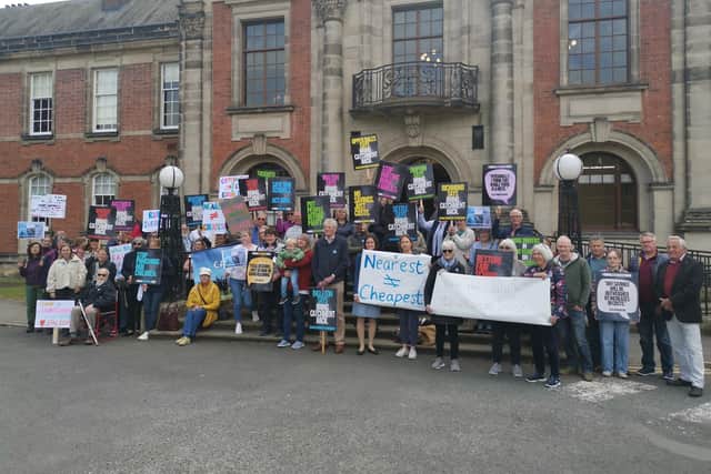Campaigners outside County Hall ahead of the meeting. PHOTO: LDRS.
