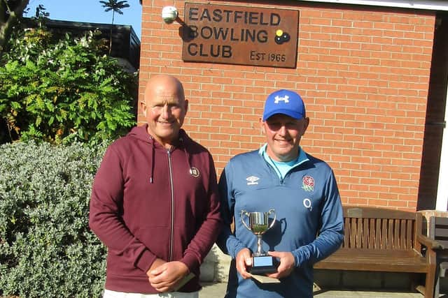 Dukes Park star Andy Deighton, right, earns Eastfield Singles Merit final win against Alan Landers, left.