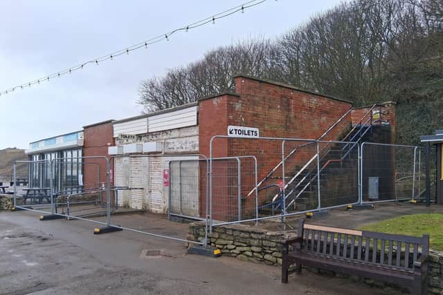 The exterior of the public conveniences on Royal Parade in Filey. The toilets and an adjacent café have been closed to the public after structural engineers identified serious structural issues at the site.