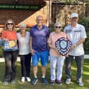 Borough President Shaughan Temple presenting the prizes to Ted King Shield winners Barrie Watson and Penny Gosling.
