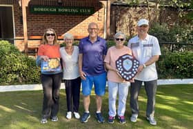 Borough President Shaughan Temple presenting the prizes to Ted King Shield winners Barrie Watson and Penny Gosling.