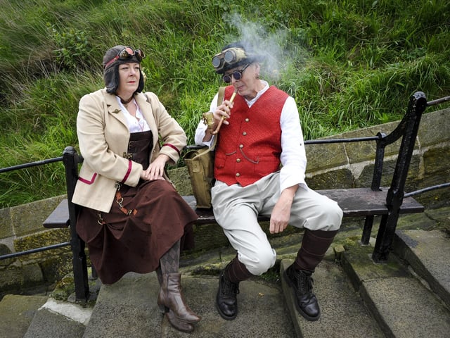 Trish and Dave Coates, from Billingham, take a break on the 199 Steps. Photo by Andrew Higgins.