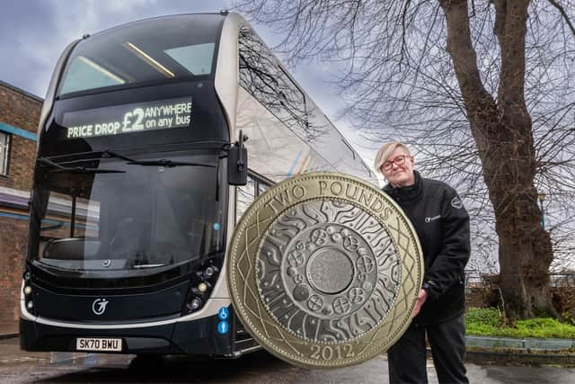 Coastliner bus driver Kornelia Holmes celebrates as the bus operator confirms its £2 ‘Price Drop’ fare cap will now continue until the end of October.