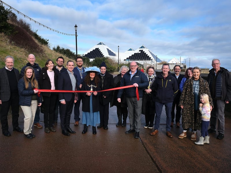 Andrew Clay and Borough Mayor Janet Jefferson with guests at the SEA LIFE Centre, celebrate the new solar panels on the building. picture: Richard Ponter