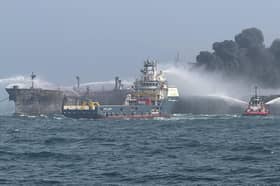 Fire and rescue services attend after a collision between oil tanker MV Stena Immaculate and the cargo vessel MV Solong off the coast of the Humber Estuary.  Photo by Lee Whitaker/Getty Images
