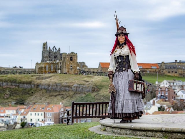 Michelle Tyas at Whitby Steampunk Weekend dressed up.