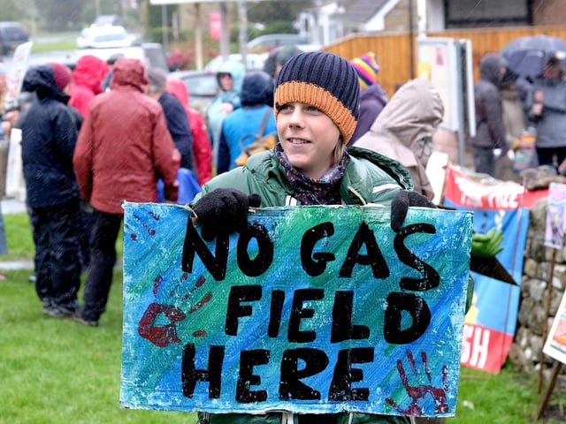 Anti fracking protesters at Burniston and Cloughton Village Hall braving the rain