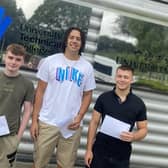 Students Kayden Zanelli, Charles Andrews and Serhii Popov at Scarborough UTC celebrating their 2023 exam results