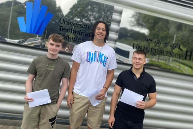 Students Kayden Zanelli, Charles Andrews and Serhii Popov at Scarborough UTC celebrating their 2023 exam results