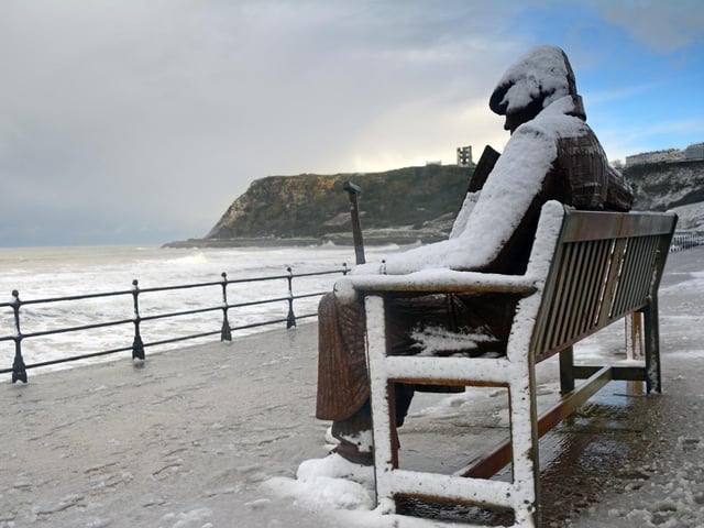Freddie Gilroy covered in snow, by Barbara Bateman.