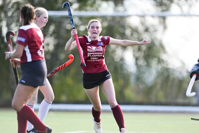 Tilly Fenton celebrates scoring her side 2nd goal on way to hattrick in the 5-3 home win against Ben Rhydding 3s. Photo by Will Palmer