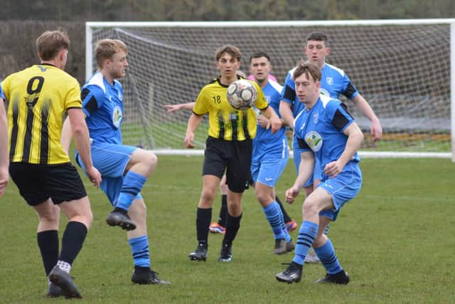 Action from Heslerton's East Riding Cup 3-0 loss at home to Cliffe FC. Photo by Cherie Allardice